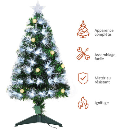 Sapin de Noël Artificiel Lumineux 90H cm Fiber Optique LED + 14 Ampoules + Support Pied 90 Branches étoile Sommet Brillante Vert