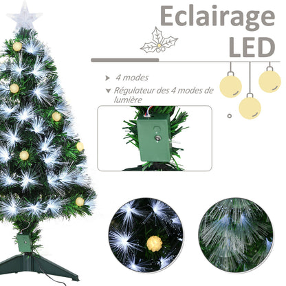 Sapin de Noël Artificiel Lumineux 90H cm Fiber Optique LED + 14 Ampoules + Support Pied 90 Branches étoile Sommet Brillante Vert