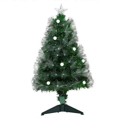Sapin de Noël Artificiel Lumineux 90H cm Fiber Optique LED + 14 Ampoules + Support Pied 90 Branches étoile Sommet Brillante Vert