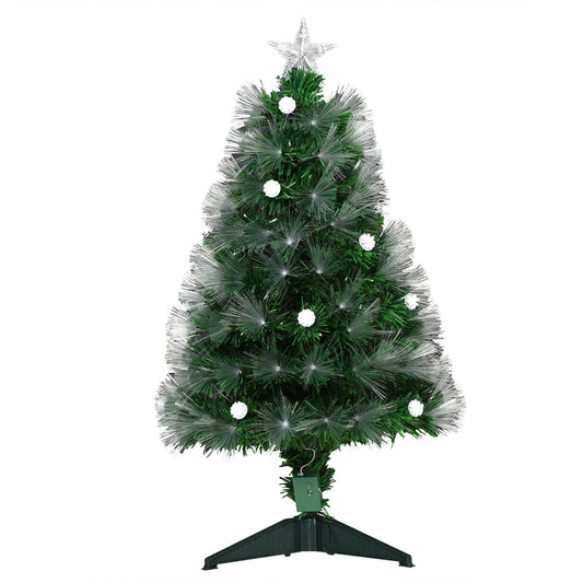 Sapin de Noël Artificiel Lumineux 90H cm Fiber Optique LED + 14 Ampoules + Support Pied 90 Branches étoile Sommet Brillante Vert