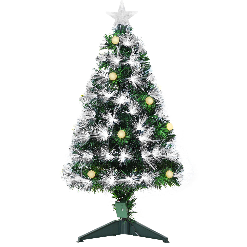 Sapin de Noël Artificiel Lumineux 90H cm Fiber Optique LED + 14 Ampoules + Support Pied 90 Branches étoile Sommet Brillante Vert