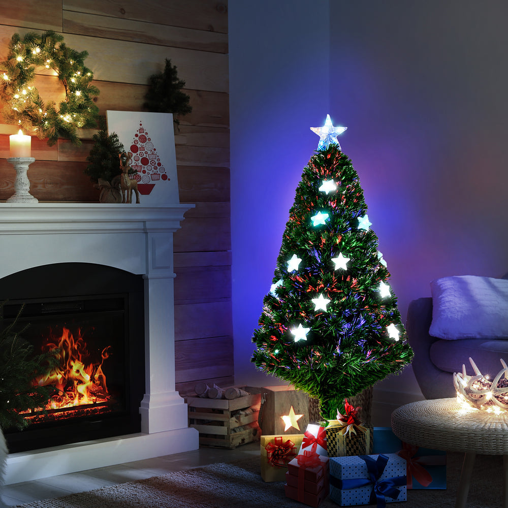 Sapin de Noël artificial lumineux 120 cm 16 lumières LED fiber optics lumineux multicolores 130 branches PVC étoile sommet brilliante vert