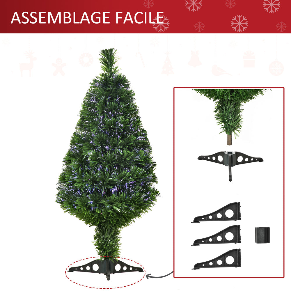 Sapin de Noël Artificiel Lumineux 90H cm Fiber Optique Multicolore + Support Pied 90 Branches Vert