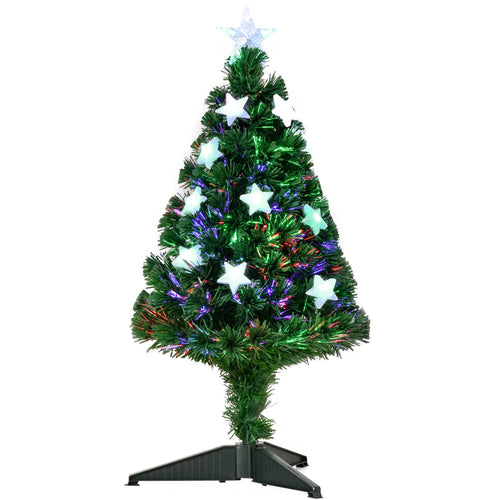 Sapin de Noël Artificiel Lumineux 90H cm Fiber Optique LED Multicolore + Support Pied 90 Branches étoile Sommet Brillante Vert