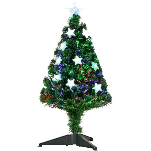 Sapin de Noël Artificiel Lumineux 90H cm Fiber Optique LED Multicolore + Support Pied 90 Branches étoile Sommet Brillante Vert