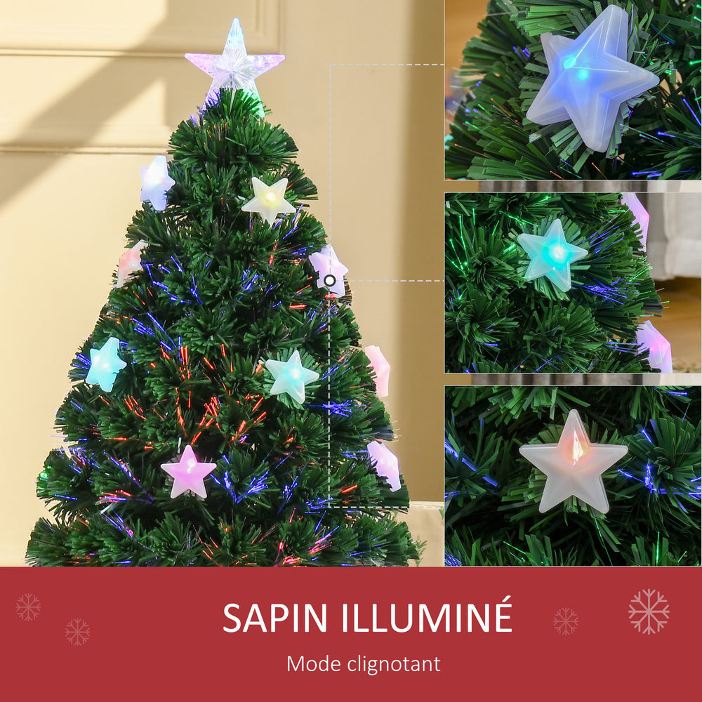 Sapin de Noël Artificiel Lumineux 90H cm Fiber Optique LED Multicolore + Support Pied 90 Branches étoile Sommet Brillante Vert
