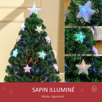 Sapin de Noël Artificiel Lumineux 90H cm Fiber Optique LED Multicolore + Support Pied 90 Branches étoile Sommet Brillante Vert