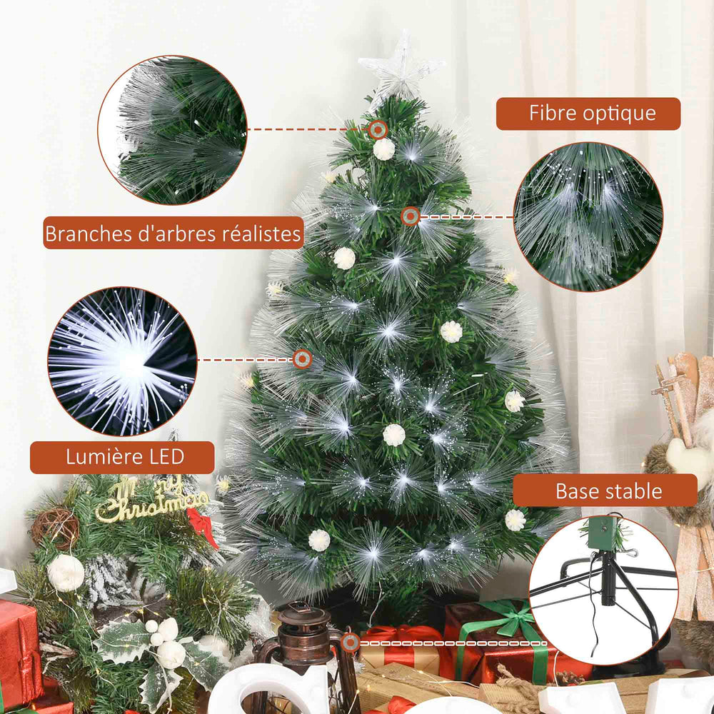 Sapin de Noël Artificiel Lumineux 120H cm Fiber Optique LED + 20 Ampoules + Support Pied 130 Branches étoile Sommet Brillante Vert