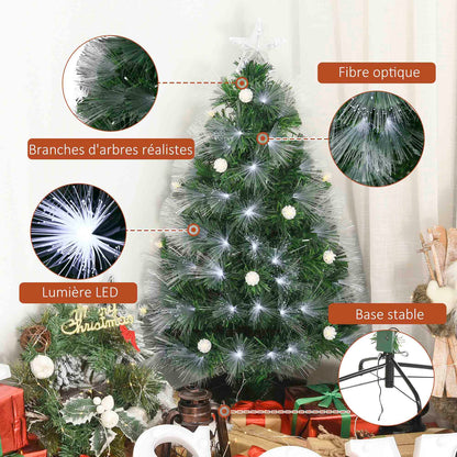 Sapin de Noël Artificiel Lumineux 120H cm Fiber Optique LED + 20 Ampoules + Support Pied 130 Branches étoile Sommet Brillante Vert