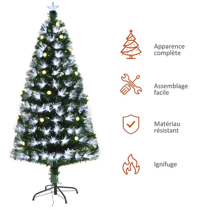 Sapin de Noël Artificiel Lumineux 120H cm Fiber Optique LED + 20 Ampoules + Support Pied 130 Branches étoile Sommet Brillante Vert