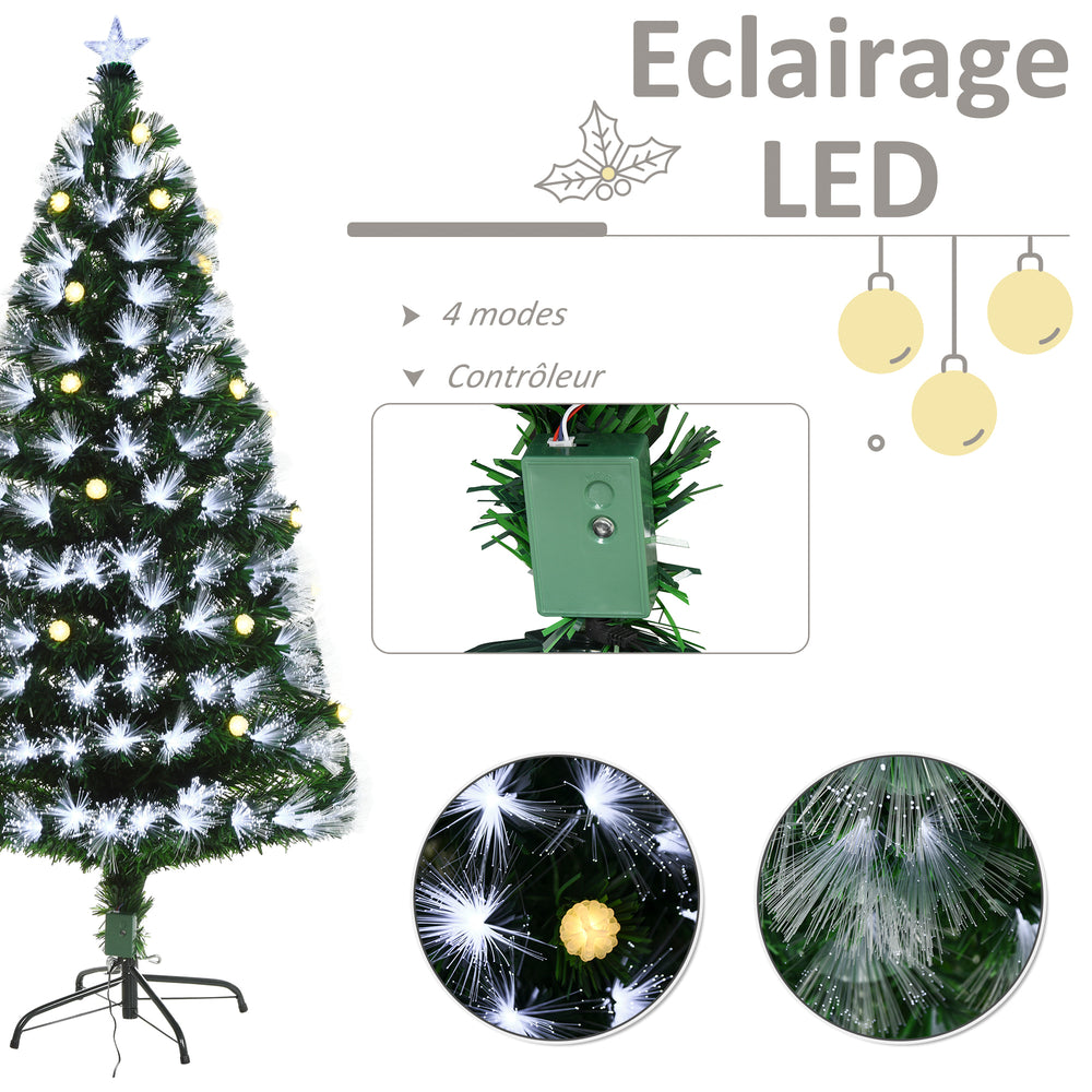 Sapin de Noël Artificiel Lumineux 120H cm Fiber Optique LED + 20 Ampoules + Support Pied 130 Branches étoile Sommet Brillante Vert