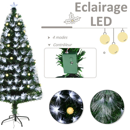 Sapin de Noël Artificiel Lumineux 120H cm Fiber Optique LED + 20 Ampoules + Support Pied 130 Branches étoile Sommet Brillante Vert