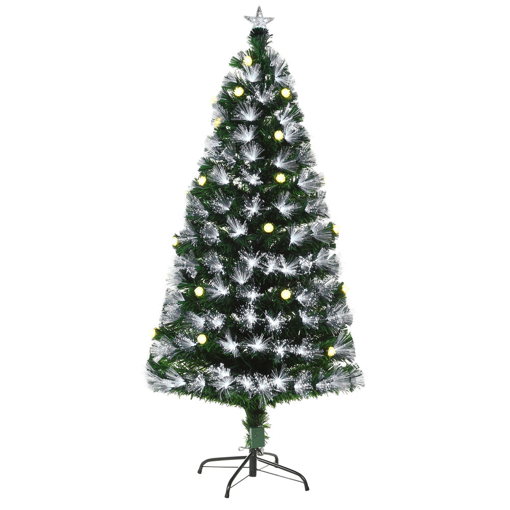Sapin de Noël Artificiel Lumineux 120H cm Fiber Optique LED + 20 Ampoules + Support Pied 130 Branches étoile Sommet Brillante Vert