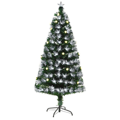 Sapin de Noël Artificiel Lumineux 120H cm Fiber Optique LED + 20 Ampoules + Support Pied 130 Branches étoile Sommet Brillante Vert