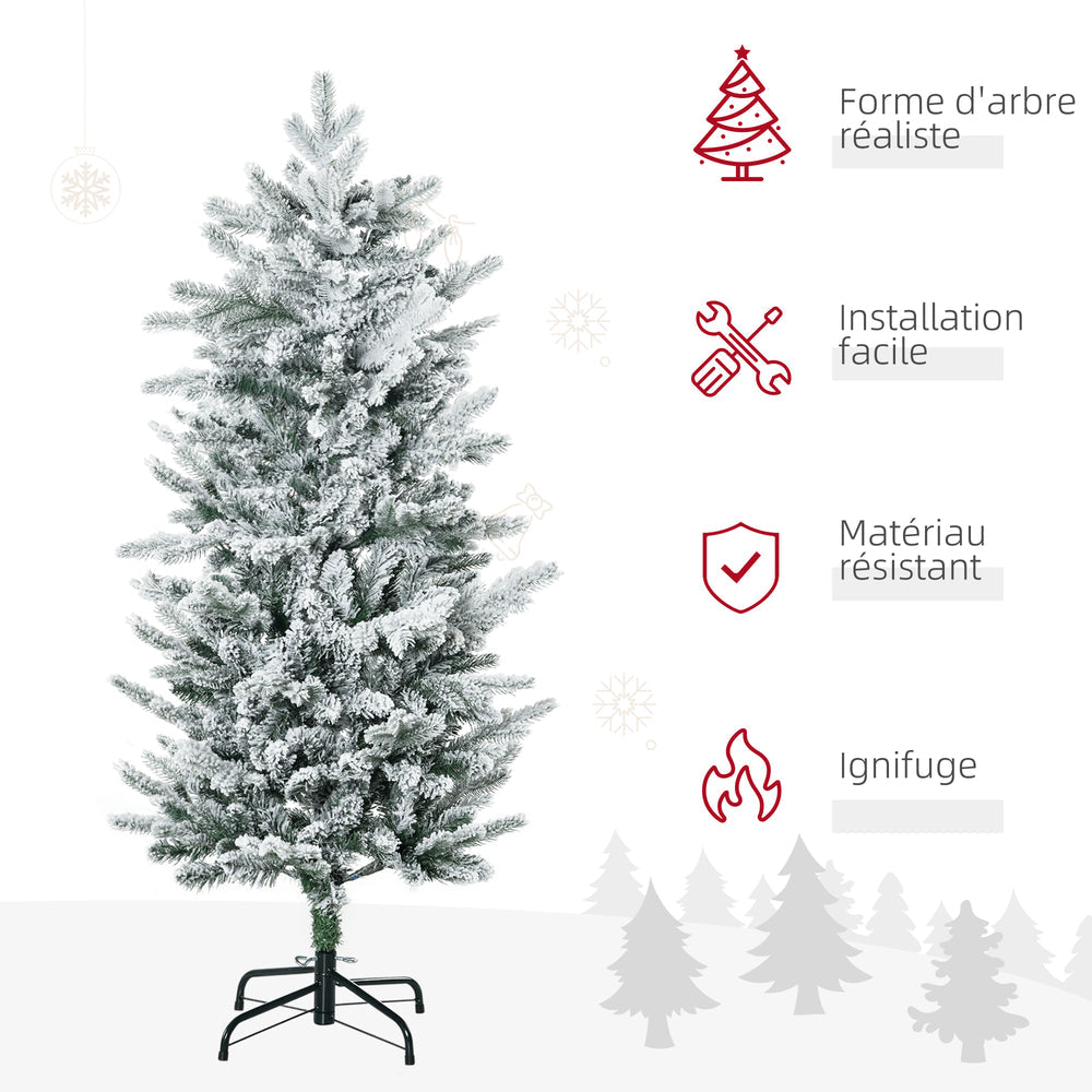 Sapin de Noël artificiel 135 cm, pin naturel enneigé, 267 branches de neige, ouverture automatique, base en acier, vert