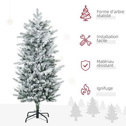 Sapin de Noël artificiel 135 cm, pin naturel enneigé, 267 branches de neige, ouverture automatique, base en acier, vert